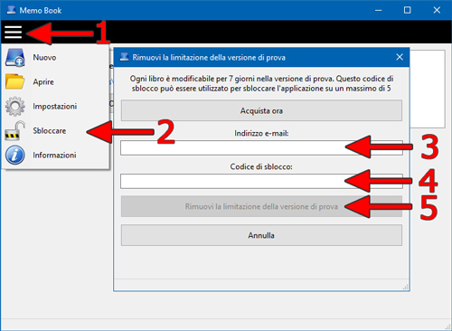 Rimuovi la limitazione della versione di prova